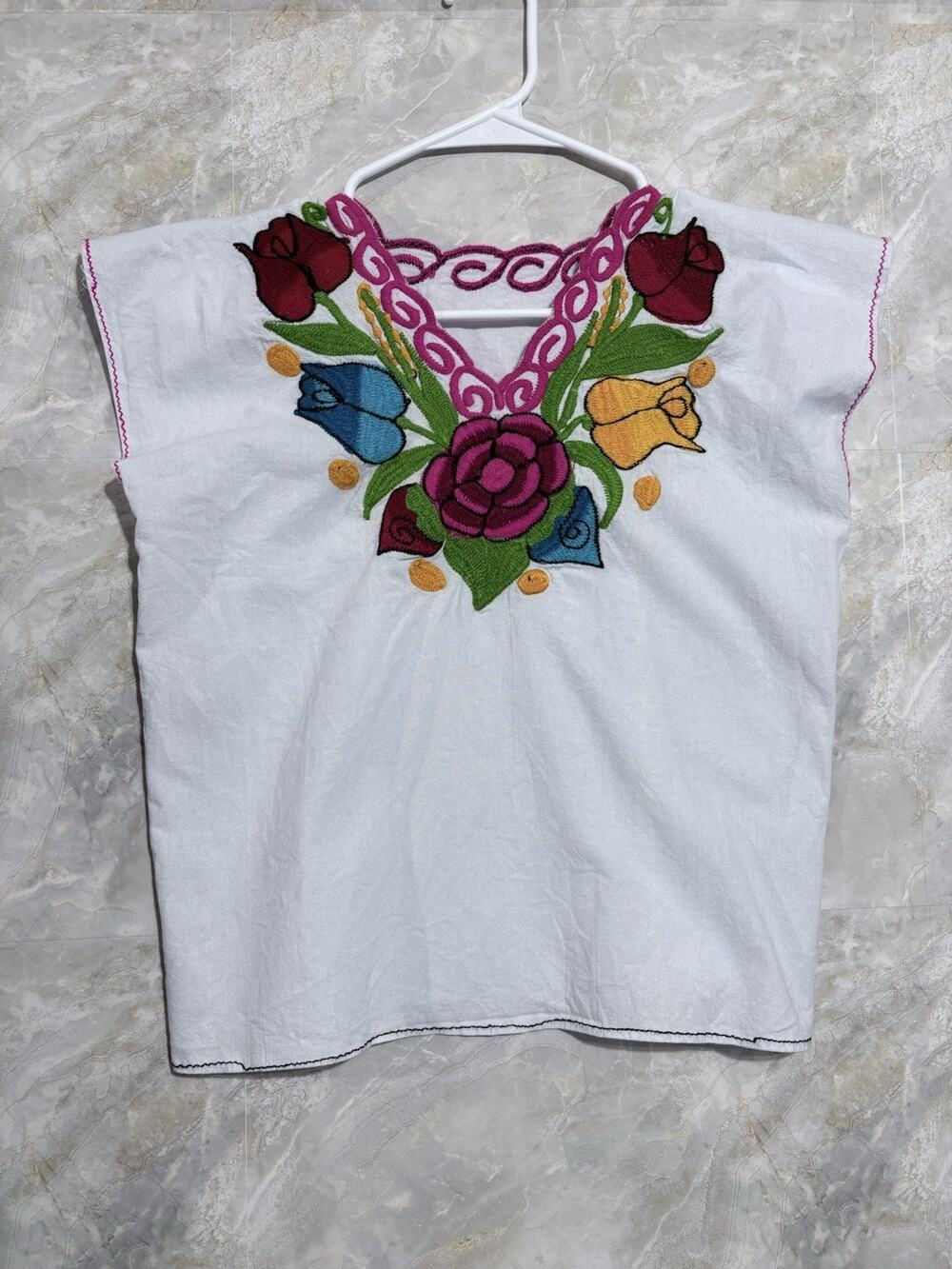 Huipil Boho Folk Peasant Handmade Women Cotton Floral Embroidery Size S New